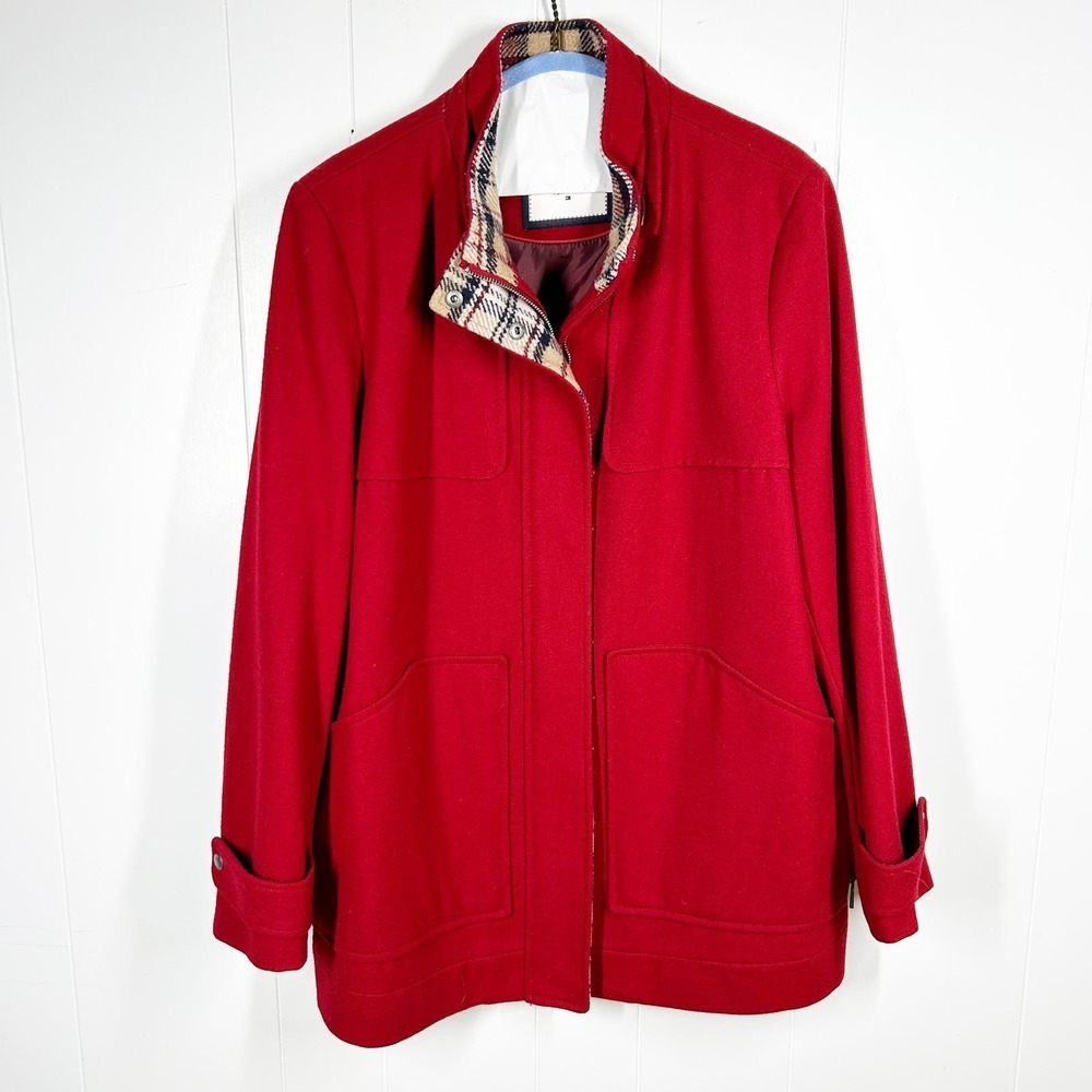 Tommy Hilfiger Plaid Trim Seamed Red Stadium Coat Wool Blend XL (missing hood)